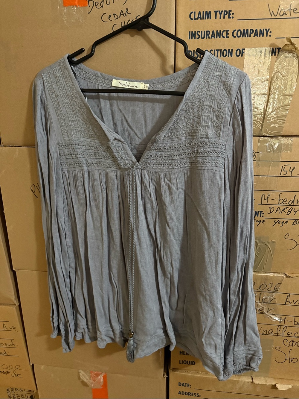 Solitaire Gray/Blue Boho Lace-Trim Peasant Blouse